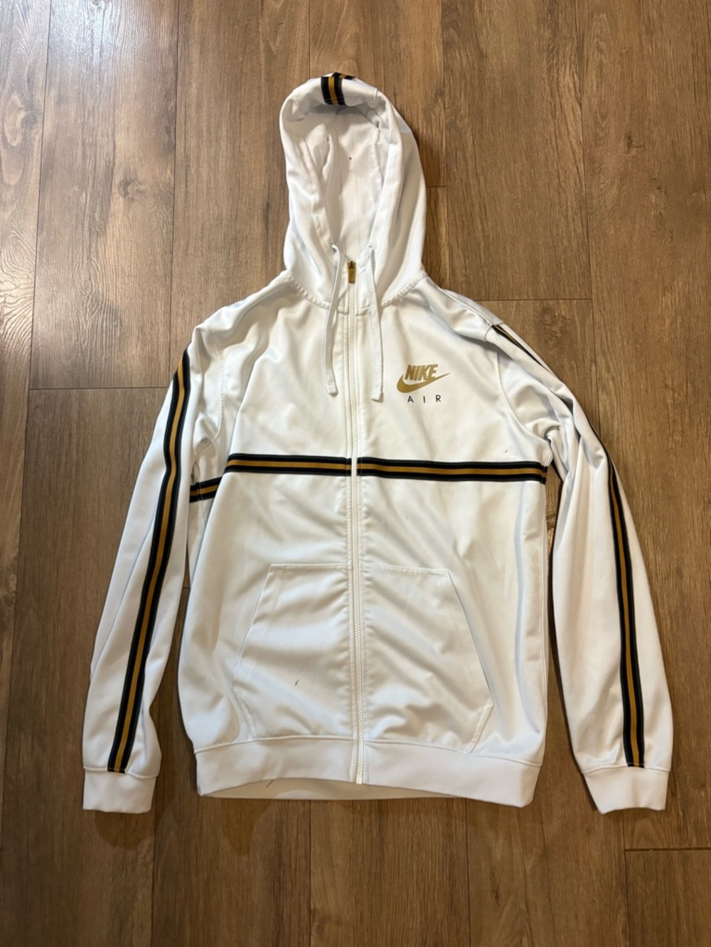 Nike White Hooded Track Jacket with Black & Gold Stripe Detail men’s Medium